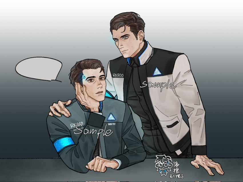 2boys, black_jacket, chinese_text, commentary, commission, connor_(detroit), detroit:_become_human, english_commentary, english_text, gradient_background, hand_on_another's_shoulder, hand_on_own_face, hand_up, highres, jacket, looking_at_another, looking_at_viewer, multiple_boys, resvina3, rk900_(detroit), sample_watermark, sitting, standing, watermark, white_jacket
