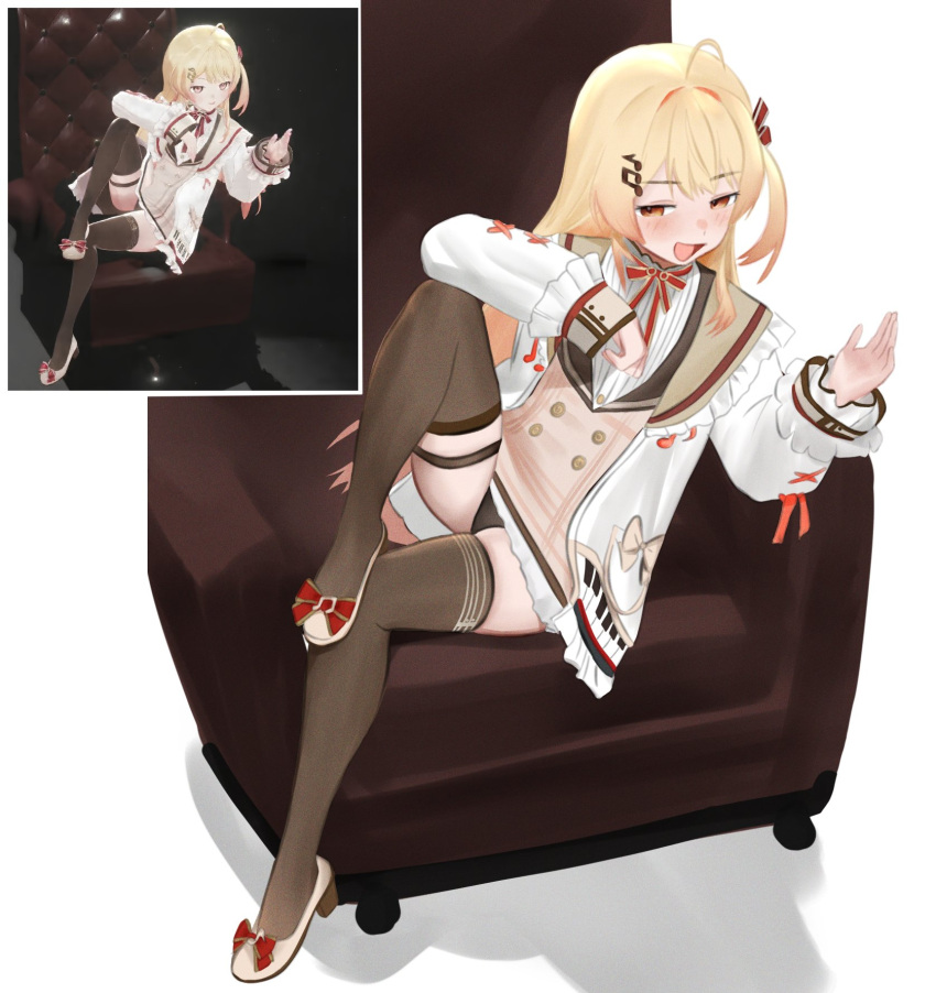 1girl, ahoge, blonde_hair, brown_sailor_collar, chair, commentary, d5y0m, frilled_jacket