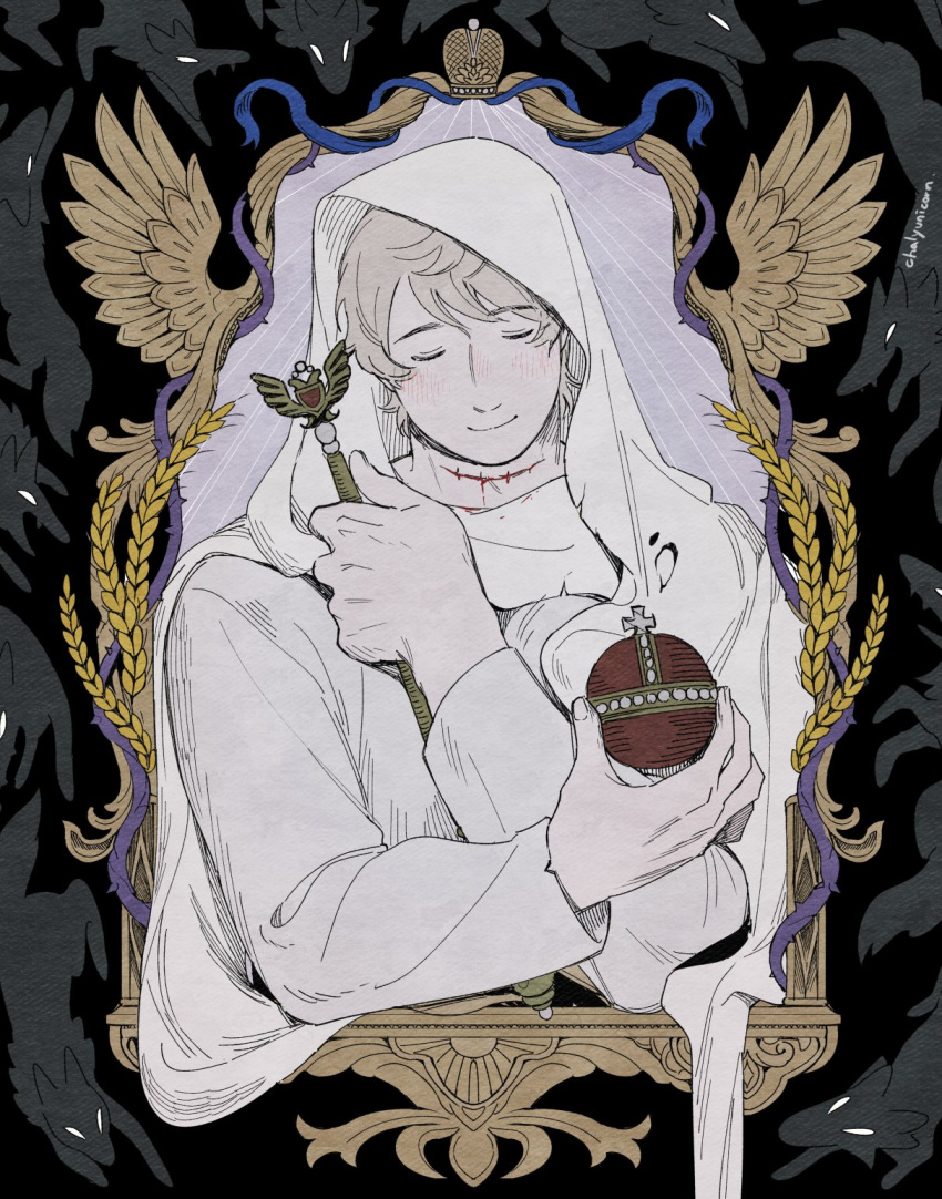 1boy, arched_crown, artist_name, axis_powers_hetalia, bird_wings, black_border, blush, border