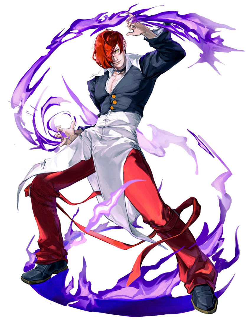 1boy, alternate_eye_color, black_choker, black_jacket, black_shoes, bondage_pants, choker, closed_mouth