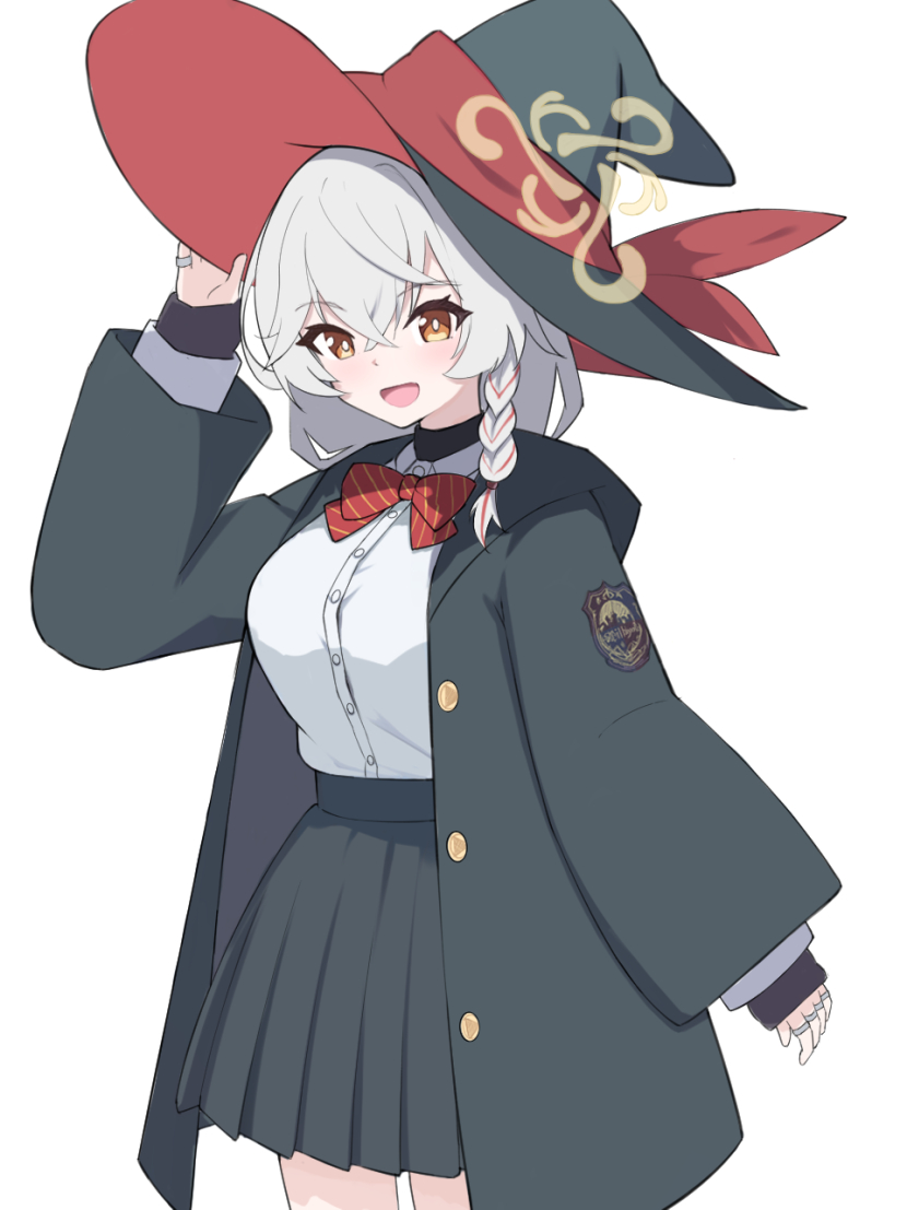 1girl, black_jacket, black_skirt, blue_archive, blush, bow, braid, breasts, collared_shirt, commentary_request, diagonal-striped_bow, diagonal-striped_clothes, earrings, eri_(blue_archive), hair_between_eyes, halo, hat, hat_ribbon, jacket, jewelry, kuu002244, large_breasts, long_hair, looking_at_viewer, open_mouth, orange_eyes, orange_halo, pleated_skirt, red_bow, red_ribbon, ribbon, shirt, simple_background, single_earring, skirt, smile, striped_bow, striped_clothes, tilted_halo, white_background, white_hair, white_shirt, witch_hat