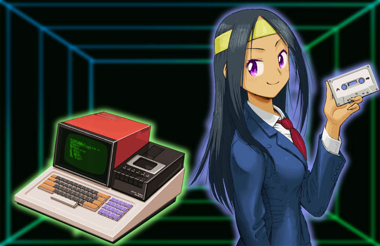 1girl, black_hair, blue_jacket, cassette_tape, closed_mouth, collared_shirt, commentary_request, computer