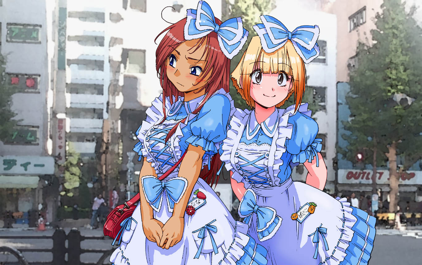 2girls, akihabara_(tokyo), apron, arms_behind_back, averting_eyes, bag, black_eyes, blonde_hair