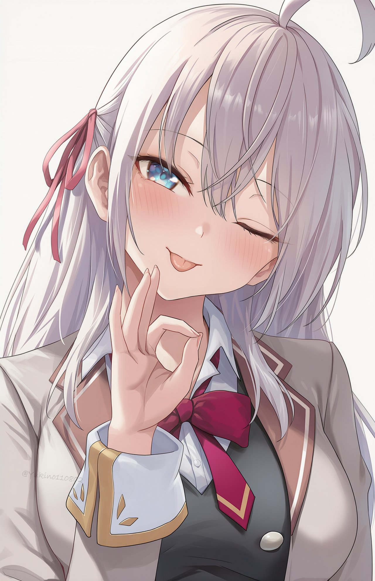 1girl, ahoge, ai-generated, alisa_mikhailovna_kujou, blue_eyes, blush, bow, bowtie