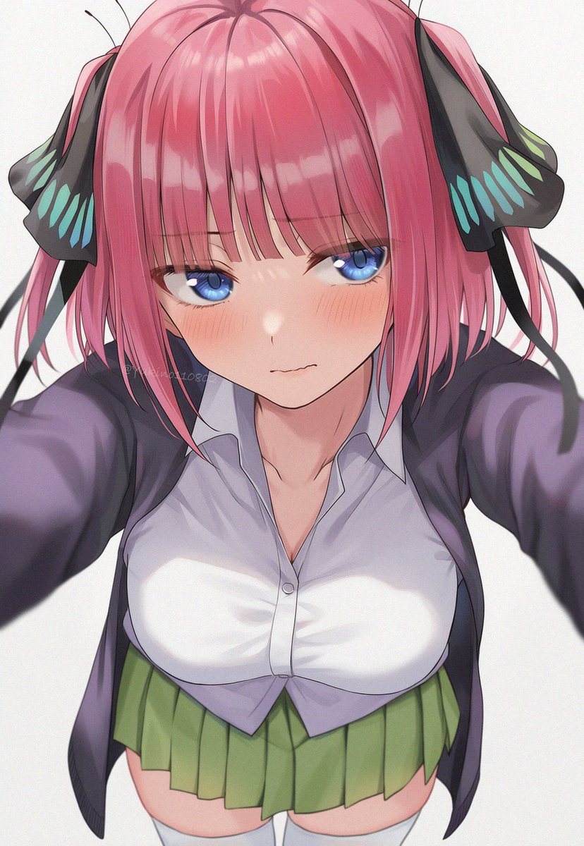 1girl, ai-generated, black_cardigan, black_ribbon, blue_eyes, blunt_bangs, blush, breasts, butterfly_hair_ornament, cardigan, closed_mouth, collarbone, go-toubun_no_hanayome, green_skirt, hair_ornament, hair_ribbon, highres, long_sleeves, looking_to_the_side, nakano_nino, open_cardigan, open_clothes, pink_hair, ribbon, shirt, short_hair, skirt, solo, two_side_up, white_background, white_shirt, yukino110802