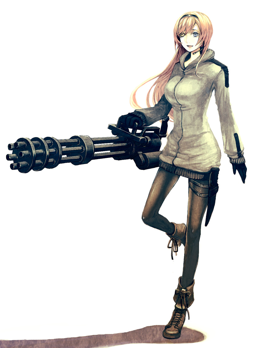 blonde_hair, blue_eyes, boots, gatling_gun, gun, headset, heterochromia, highres