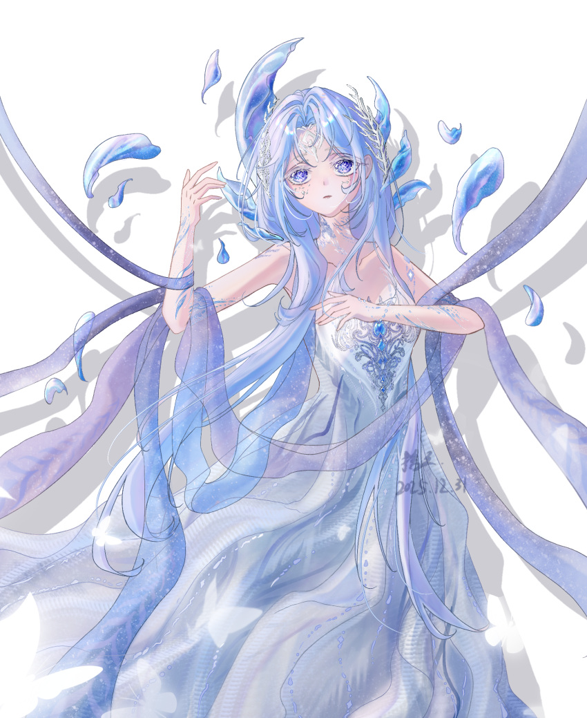 1girl, bare_shoulders, blue_dress, blue_eyes, blue_gem, blue_hair, blue_scales, blue_shawl