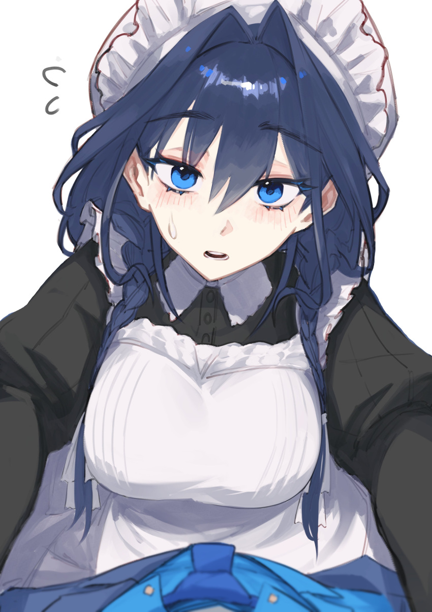2girls, absurdres, apron, black_shirt, blue_eyes, blue_hair, blush, braid