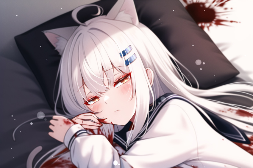 1girl, ahoge, animal_ear_fluff, animal_ears, blood, blood_on_bed, blood_on_clothes, blood_on_face