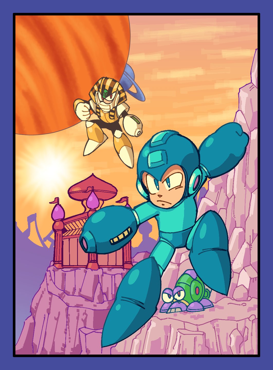 2boys, arm_cannon, armor, blue_bodysuit, blue_boots, blue_eyes, blue_gloves, blue_helmet
