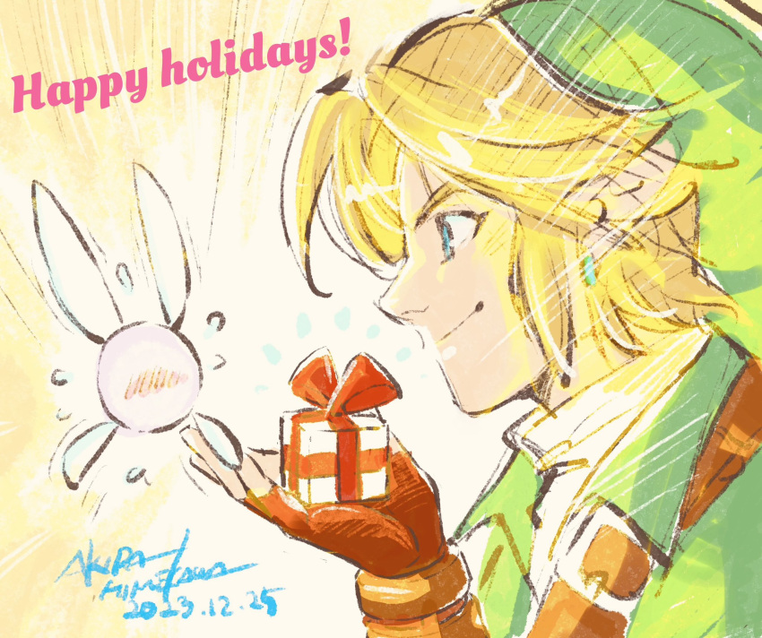 1boy, blonde_hair, blue_eyes, blush, brown_gloves, christmas, commentary_request, dated