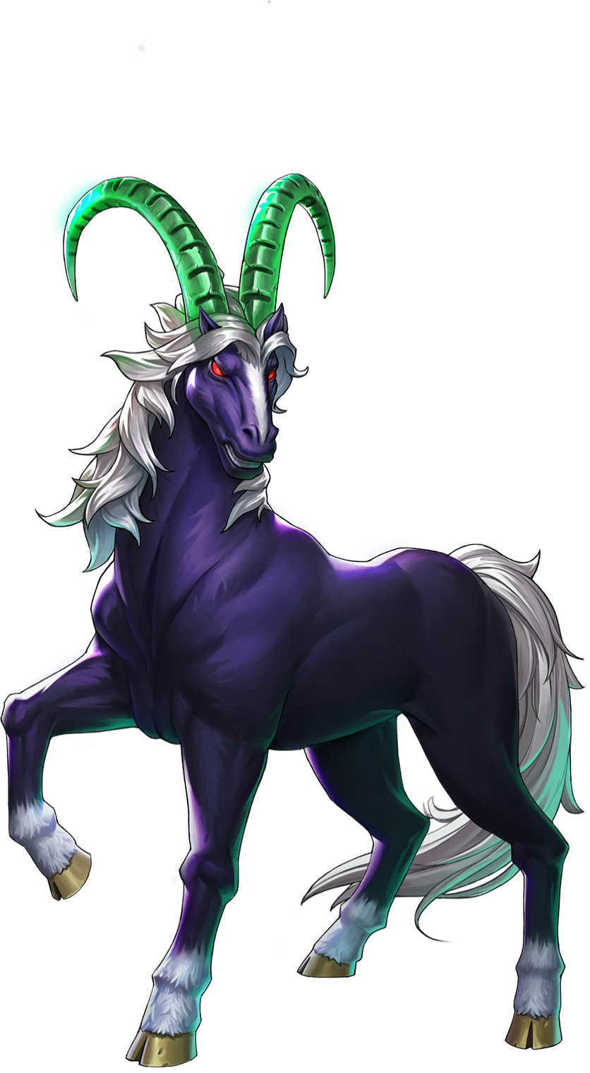 artist_request, bicorn_(creature), bicorn_(megami_tensei), commentary, demon_(megami_tensei), english_commentary, full_body, green_horns, highres, horns, no_humans, official_art, persona, persona_5, persona_5:_the_phantom_x, red_eyes, shin_megami_tensei, simple_background, solo, third-party_source, transparent_background, white_mane