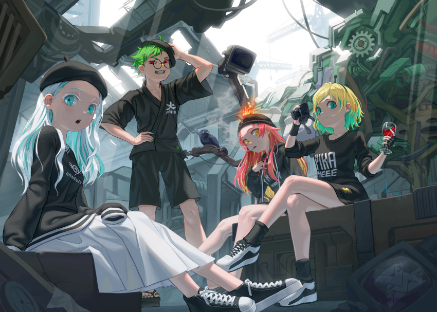 1boy, 3girls, :d, :o, absurdres, amano_pikamee, amano_pikamee_(voms_black), beanie, beret, black_hairband, black_hat, black_shirt, black_shoes, black_shorts, black_socks, blonde_hair, blue_eyes, blue_hair, cigarette, collarbone, colored_inner_hair, commentary, commentary_request, crate, cup, daimonji_ryugon, dated, dress, drinking_glass, english_commentary, facial_mark, fire, gas_mask, green_hair, grin, gyari_(bird), hair_down, hairband, hand_up, haneuzu_miuneru, hat, highres, hikasa_tomoshika, holding, holding_cup, holding_mask, light_rays, long_hair, long_sleeves, looking_at_viewer, mask, monitor, multicolored_hair, multiple_girls, oxygenvil, pleated_dress, red_eyes, red_hair, revision, shirt, shoes, short_hair, short_sleeves, shorts, sitting, sleeves_past_fingers, sleeves_past_wrists, smile, smoking, sneakers, socks, standing, star_(symbol), star_facial_mark, two-tone_hair, virtual_youtuber, voms, white_dress, white_hair, wine_glass, yellow_eyes