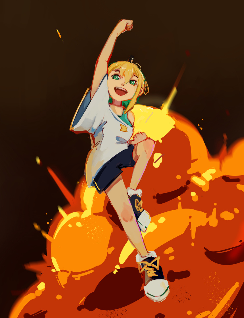 1girl, :d, absurdres, amano_pikamee, amano_pikamee_(1st_costume), antennae, aqua_eyes, aqua_hair, arm_up, black_hairband, black_shoes, black_shorts, blonde_hair, bright_pupils, brown_background, clenched_hands, colored_inner_hair, commentary, contrololon, english_commentary, explosion, explosion_background, hairband, highres, looking_at_viewer, multicolored_hair, off-shoulder_shirt, off_shoulder, shirt, shoes, short_hair, shorts, smile, sneakers, solo, virtual_graduation_commemoration, virtual_youtuber, voms, white_pupils, wide_sleeves