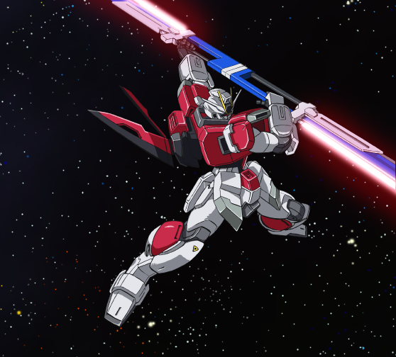 commentary_request, double_blade, energy_sword, full_body, gundam, gundam_seed, gundam_seed_destiny, holding