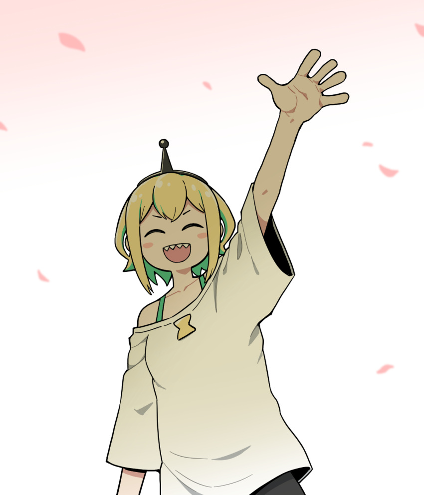 1girl, :d, amano_pikamee, amano_pikamee_(1st_costume), antennae, aqua_hair, arm_up, black_hairband