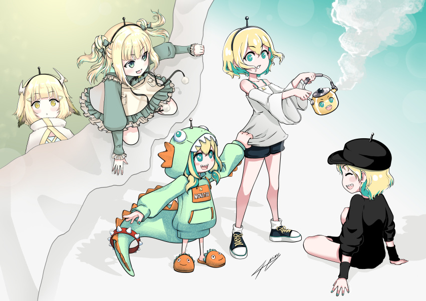 5girls, :o, absurdres, amano_pikamee, amano_pikamee_(1st_costume), amano_pikamee_(dinosaur_hoodie), amano_pikamee_(isekai), amano_pikamee_(isekai_monster)