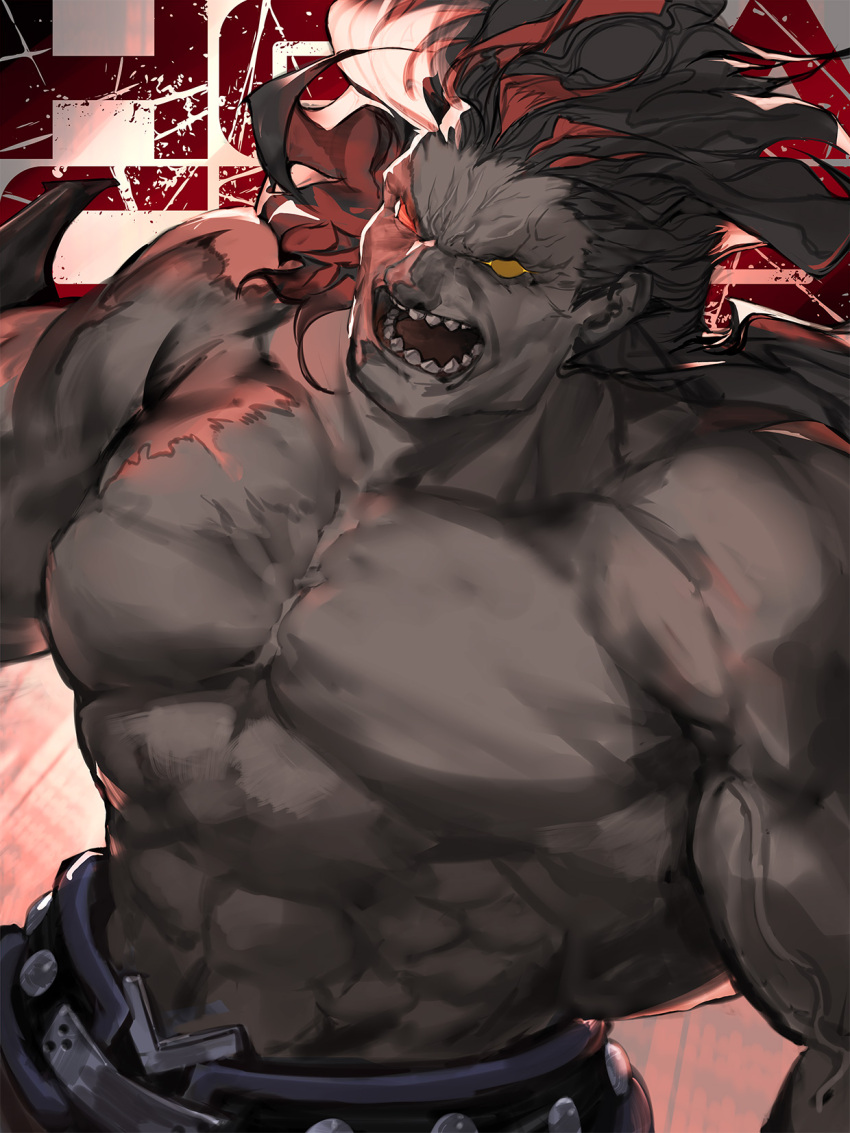 1boy, ahoge, angry, belt, black_hair, character_name, commentary_request, dark-skinned_male