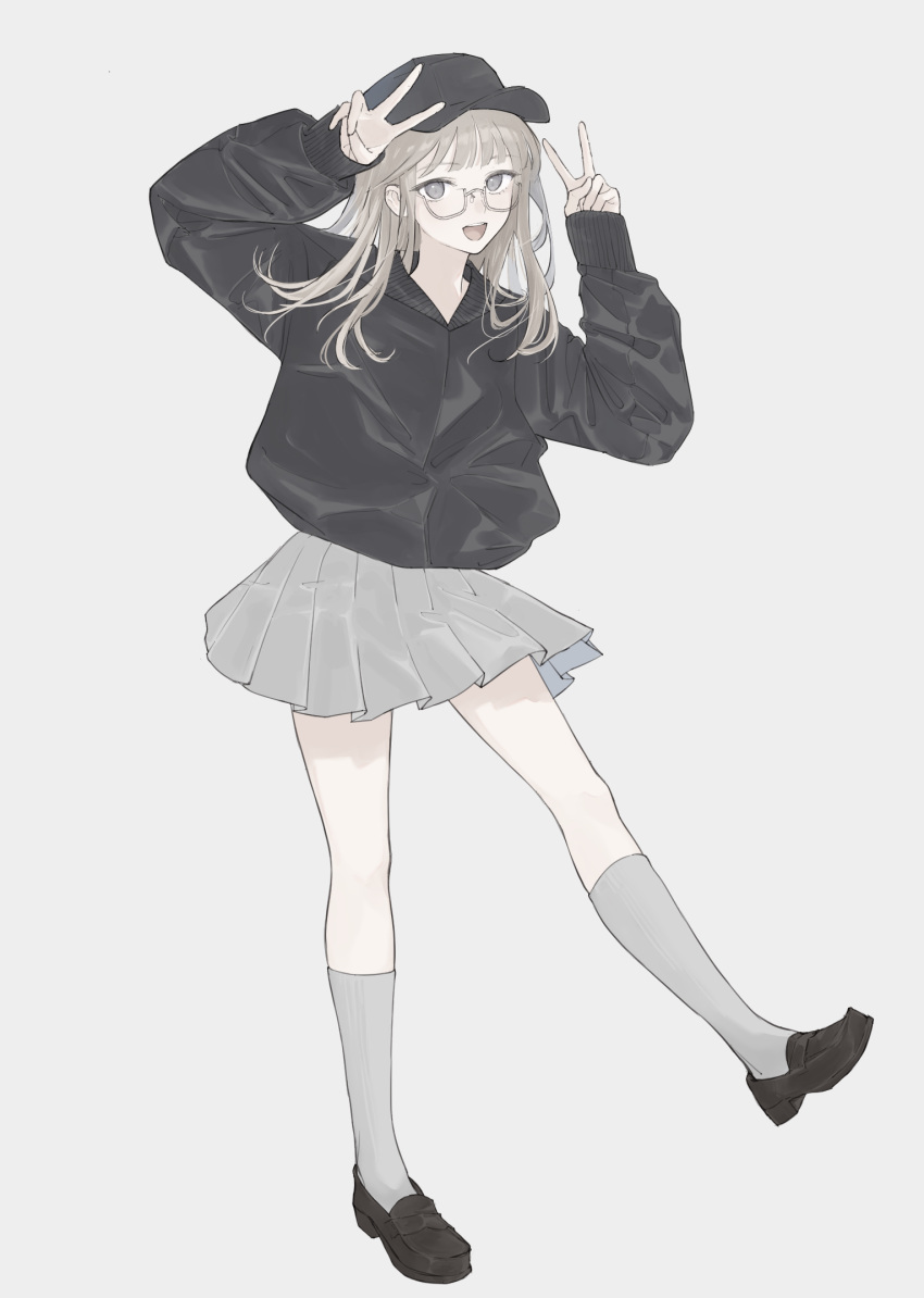 1girl, black_hat, black_jacket, black_shoes, blonde_hair, commentary, double_v, english_commentary