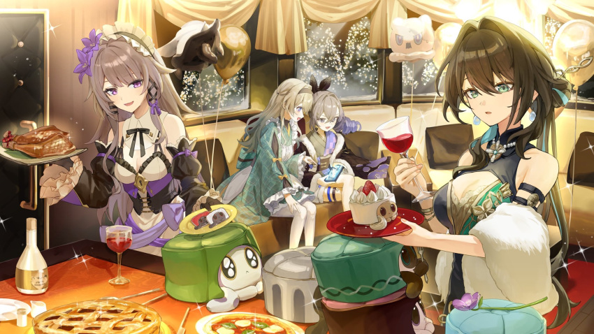 4girls, alcohol, alternate_costume, balloon, black_hair, cake, cake_cat_(honkai:_star_rail), commentary