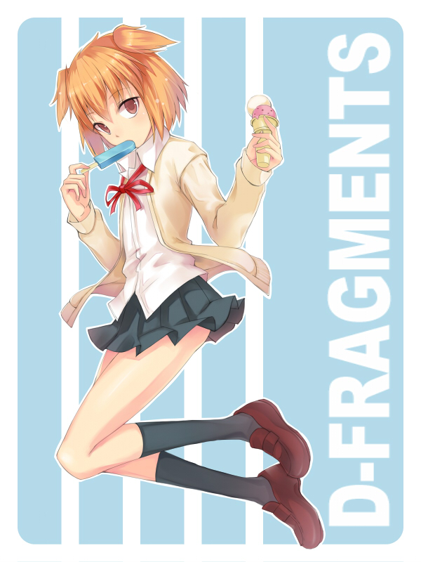 bad_id, d-frag!, food, ice_cream, kazama_noe, orange_eyes, orange_hair, popsicle