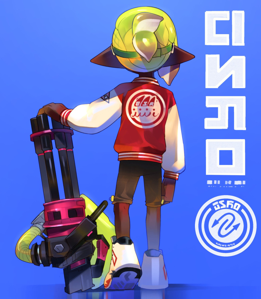 1other, blonde_hair, blue_background, clenched_hand, dark_skin, facing_away, gatling_gun, heavy_splatling_(splatoon)