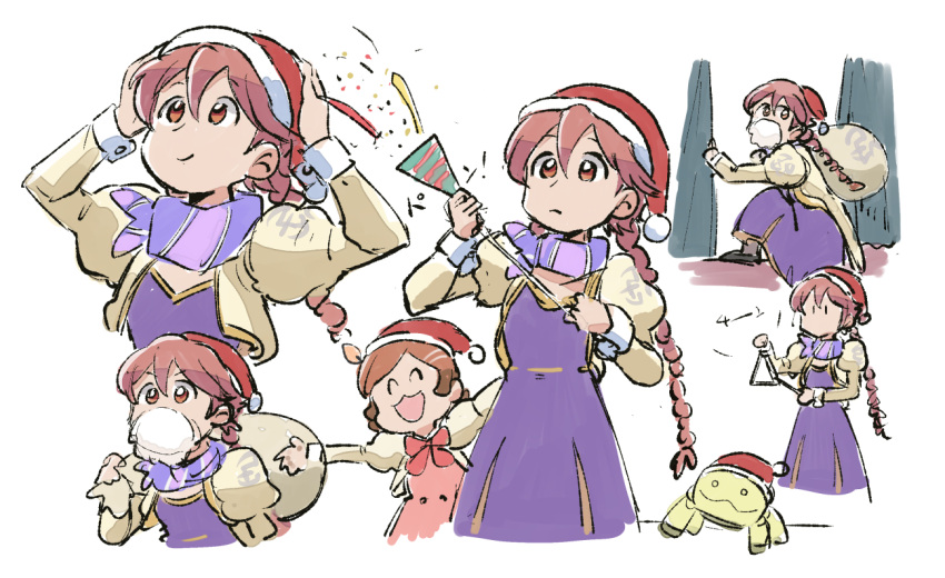 apocalypse_hotel, bag, beard, blue-and-white_flycatcher, braid, brown_eyes, brown_hair, christmas, climbing, climbing_wall, confetti, dress, facial_hair, fake_beard, fake_facial_hair, gift, happy, hat, instrument, long_sleeves, party_popper, ponko_procione, puffy_long_sleeves, puffy_sleeves, purple_dress, purple_scarf, putting_on_headwear, robot, santa_hat, scarf, shoulder_bag, simple_background, single_braid, triangle_(instrument), tsubobot, wrist_cuffs, yachiyo_(apocalypse_hotel)