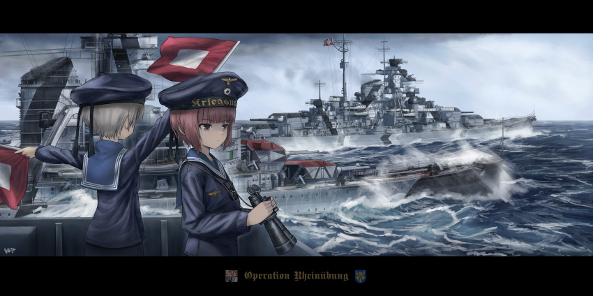 2girls, absurdres, anti-aircraft_gun, battleship, binoculars, bismarck_(battleship), black_border, blue_sailor_collar