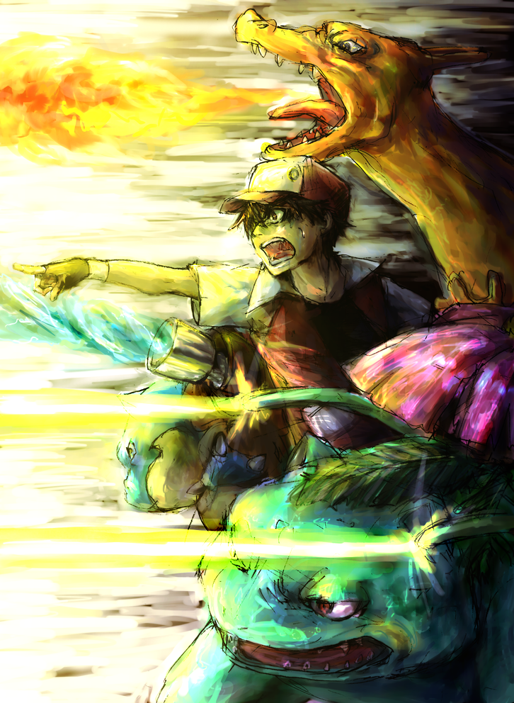 1boy, baseball_cap, blastoise, charizard, epic, hat, pokemon, pokemon_(creature), pokemon_(game), red_(pokemon), red_(pokemon)_(classic), venusaur, wooperlooper