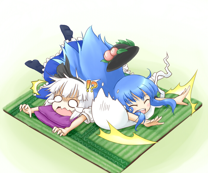 2girls, blue_hair, body_slam, chibi, closed_eyes, eyes_closed, hat, hinanawi_tenshi, konpaku_youmu, konpaku_youmu_(ghost), long_hair, multiple_girls, nice, open_mouth, silver_hair, smile, tatami, tears, touhou, very_long_hair, white_hair, wrestling