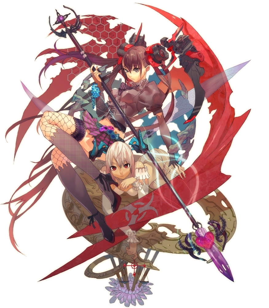 black_legwear, bow, bridal_gauntlets, brown_hair, demon_wings, fishnet_legwear, fishnets, frills