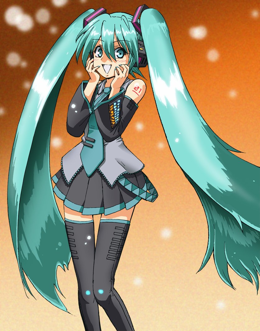 1girl, aqua_eyes, aqua_hair, aqua_necktie, black_skirt, black_sleeves, black_thighhighs, commentary_request