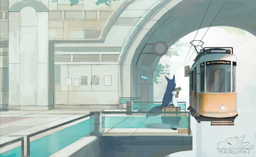 animal_ears, architecture, artist_name, black_hair, commentary_request, day, haruaki_(onkai_planaria), long_hair, monorail, original, outdoors, scenery, skyway, solo, standing, train_station_platform, very_long_hair
