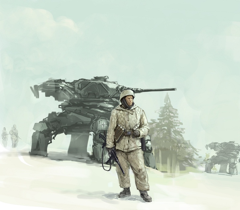 helmet, iron_cross, male, mecha, military, military_uniform, military_vehicle, mp40, original, prog_wang, rifle, science_fiction, smg, submachine_gun, tank, tree, uniform, vehicle, walker, weapon