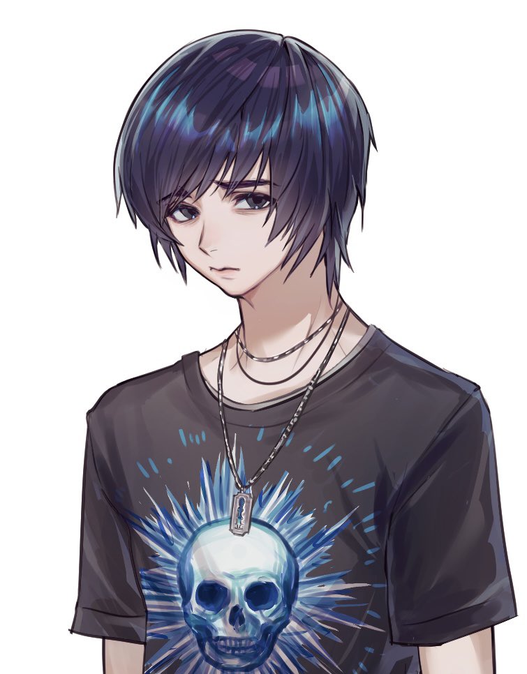 1boy, black_eyes, black_hair, black_shirt, closed_mouth, commentary_request, jewelry, looking_at_viewer