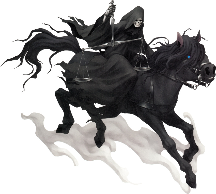 1boy, absurdres, animal, balance_scale, black_cloak, black_rider_(megami_tensei), black_skin, blue_eyes