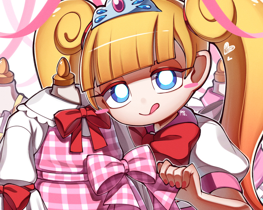 1girl, artist_name, blonde_hair, blue_eyes, blush_stickers, commentary_request, gingham_clothes, heart