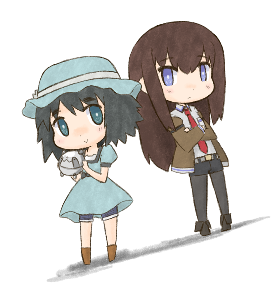 2girls, :>, black_legwear, blue_eyes, brown_hair, chibi, crossed_arms, dress, green_eyes, green_hair, hat, jacket, long_hair, makise_kurisu, multiple_girls, necktie, nekoyama, pantyhose, shiina_mayuri, short_hair, short_shorts, shorts, standing, steins;gate