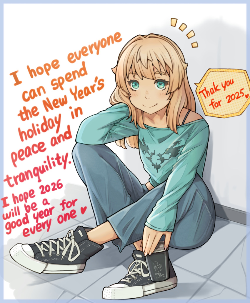 1girl, against_wall, bear, black_shoes, blonde_hair, blue_border, blue_pants, border, bridget_(guilty_gear), closed_mouth, commentary, cup, disposable_cup, elbow_on_knee, english_commentary, english_text, green_eyes, green_shirt, guilty_gear, hair_intakes, hand_in_own_hair, happy_new_year, heart, highres, holding, holding_cup, indian_style, light_blush, long_hair, long_sleeves, looking_at_viewer, midriff_peek, notice_lines, oversized_clothes, oversized_shirt, pants, pattern_request, shirt, shoes, single_off_shoulder, sitting, sleeves_past_wrists, smile, sneakers, solo, speech_bubble, split_mouth, spoken_heart, sugajyun, swept_bangs, tile_floor, tiles