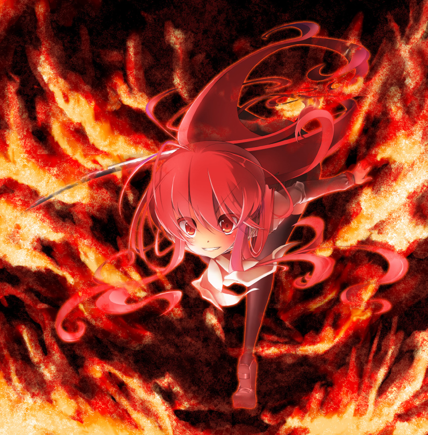 fire, highres, long_hair, noi, red_eyes, red_hair, redhead, running