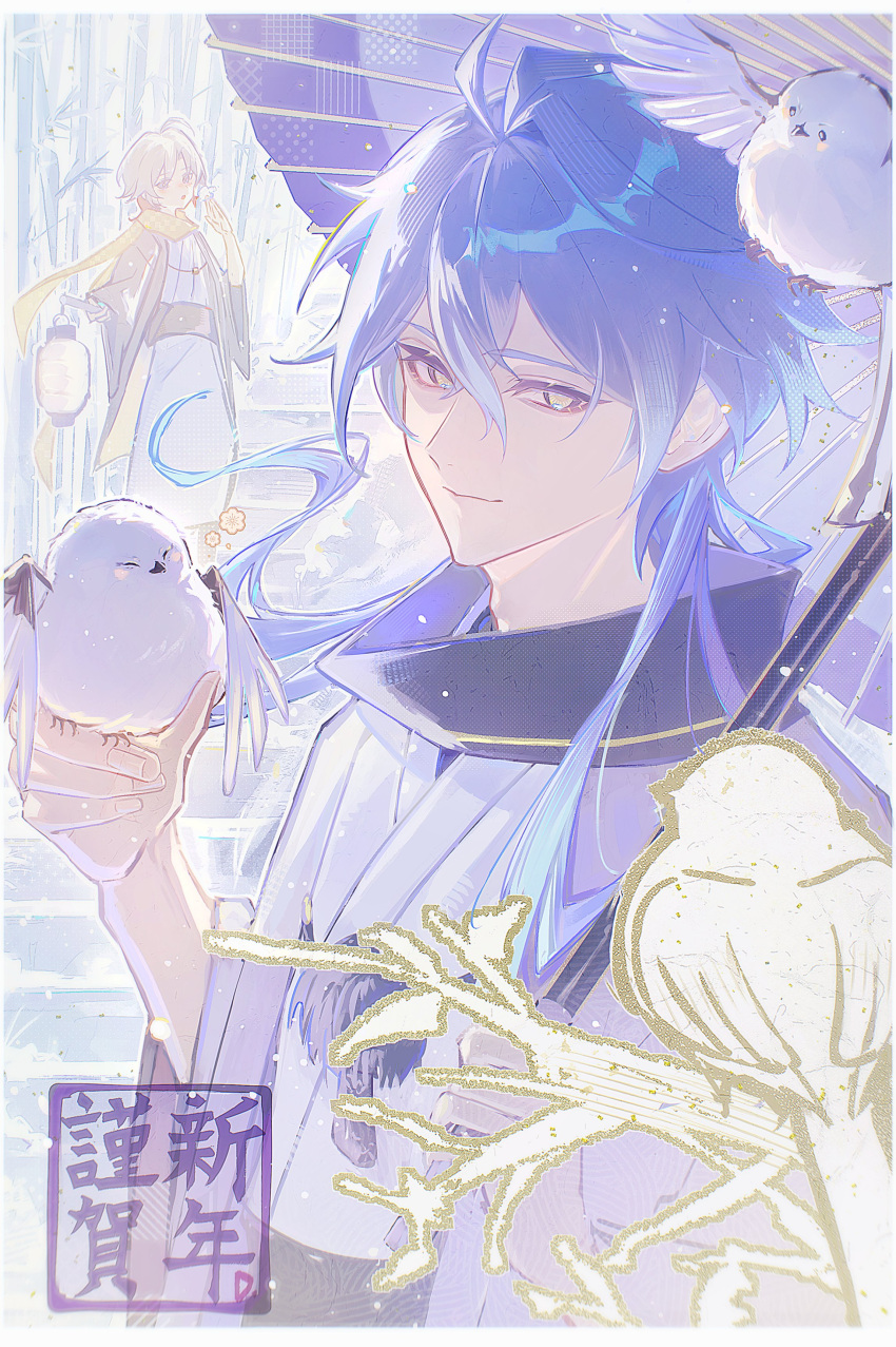 2boys, absurdres, alternate_costume, animal, bamboo, bamboo_forest, bird, blue_hair