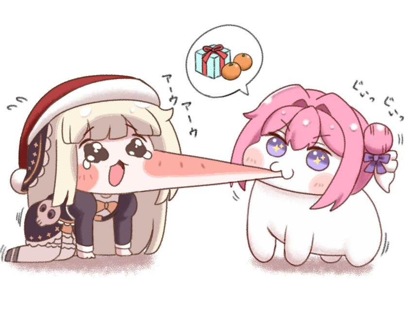 2girls, :3, all_fours, biting, biting_cheek, black_dress, black_eyes, blonde_hair