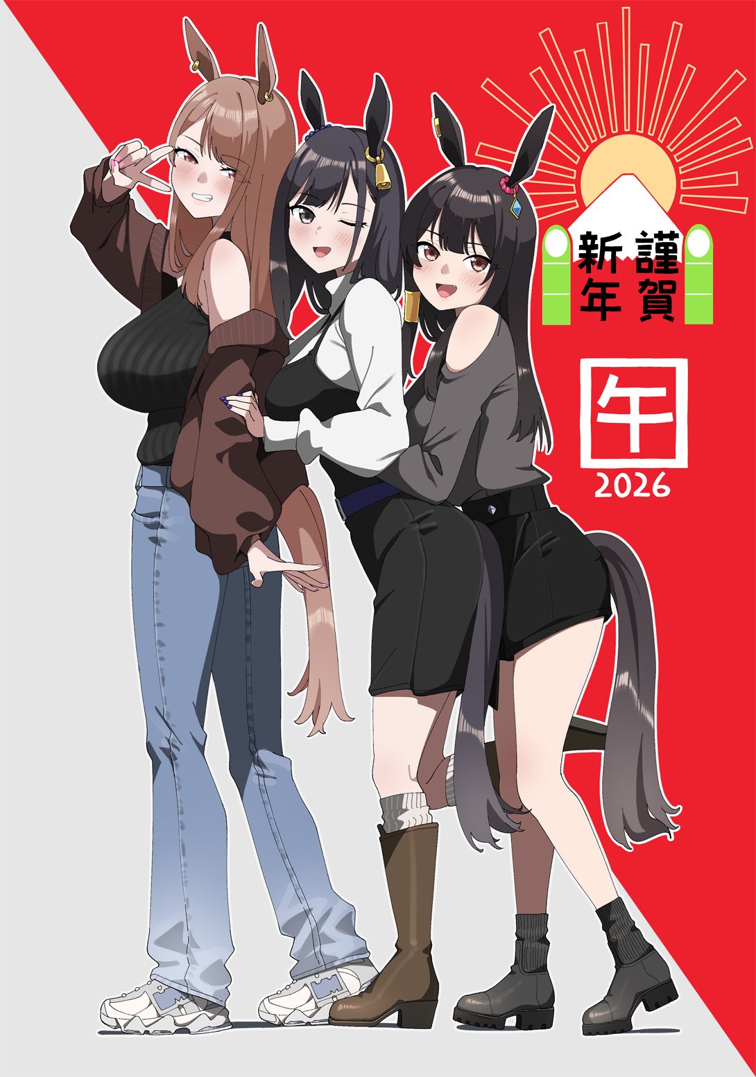 2026, 3girls, :d, ;d, animal_ears, bell, bell_earrings, belt, black_dress, black_eyes, black_hair, black_shirt, black_shorts, black_socks, blush, boots, brown_boots, brown_eyes, brown_hair, brown_sweater, clothing_cutout, commentary_request, denim, dress, earrings, fang, fang_out, grey_shirt, height_difference, highres, horse_earrings, horse_ears, horse_girl, horse_tail, jeans, jewelry, knee_boots, kuro_(toi_et_moi), leg_up, long_hair, long_sleeves, looking_at_viewer, looking_to_the_side, medium_hair, multiple_girls, nail_polish, new_year, one_eye_closed, open_mouth, original, pants, ribbed_shirt, ribbed_socks, shirt, shoes, shorts, shoulder_cutout, sleeveless, sleeveless_shirt, smile, sneakers, socks, standing, standing_on_one_leg, sweater, tail, v, white_socks, white_sweater