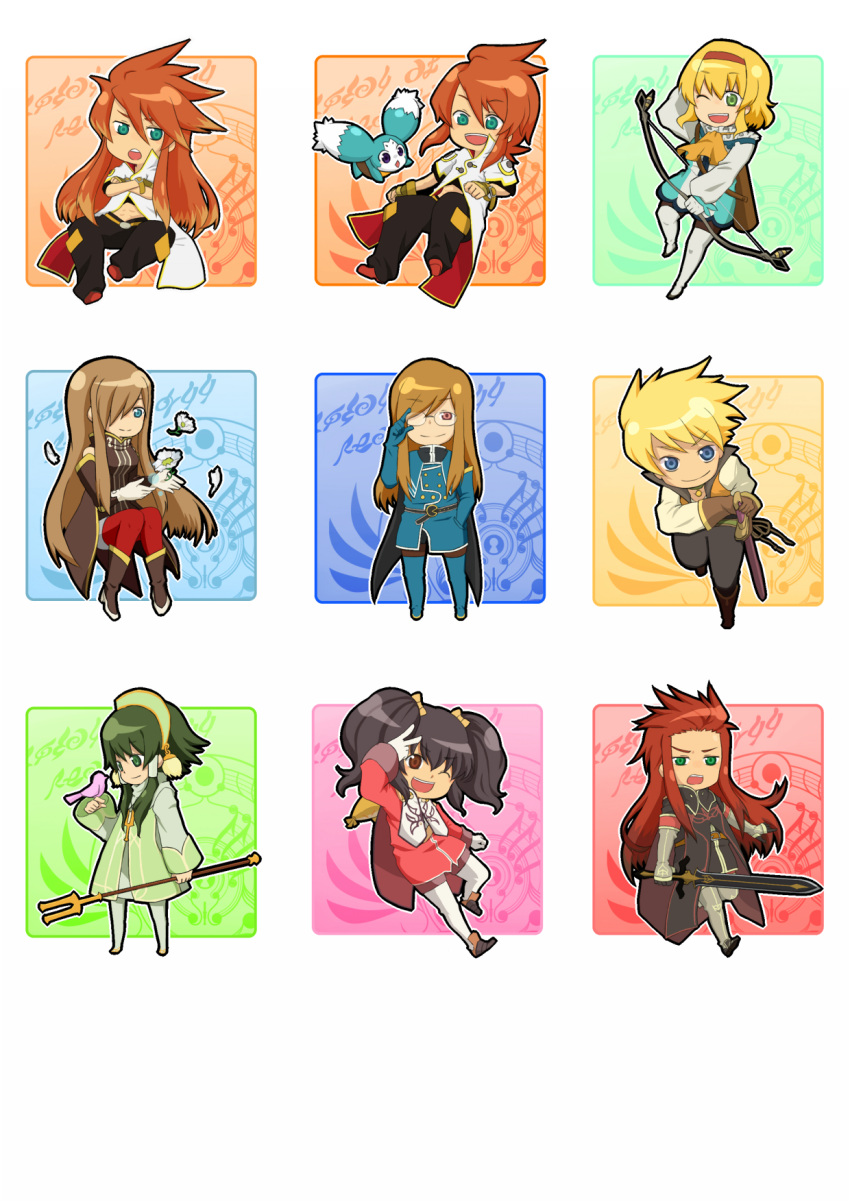 adjusting_glasses, ahoge, anise_tatlin, aqua_eyes, asch, bird, blonde_hair, blue_eyes, boots, bow_(weapon), brown_hair, cape, chibi, choker, coat, collar, creature, crossed_arms, dual_persona, flower, glasses, gloves, green_eyes, green_hair, guy_cecil, hair_over_one_eye, hair_tubes, hairband, hand_in_pocket, happy, headgear, highres, ion, jade_curtiss, long_hair, luke_fon_fabre, midriff, mieu, multicolored_hair, natalia_luzu_kimlasca_lanvaldear, open_mouth, orange_hair, pants, payot, petals, ready_to_draw, red_eyes, red_hair, red_legwear, redhead, running, scabbard, sheath, shiki_123, shoes, short_hair, smile, spiked_hair, spiky_hair, staff, surcoat, sword, tales_of_(series), tales_of_the_abyss, tear_grants, thigh-highs, thigh_boots, thighhighs, twintails, v, weapon, white_gloves, white_legwear, wink