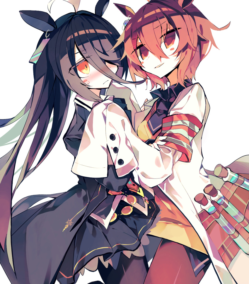 2girls, agnes_tachyon_(tach-nology)_(umamusume), agnes_tachyon_(umamusume), ahoge, black_coat, black_hair, black_necktie, black_shirt