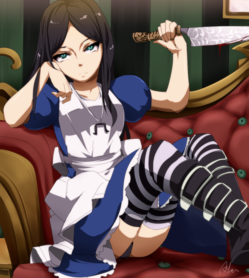alice_(wonderland), alice_in_wonderland, american_mcgee's_alice, aqua_eyes, arm_support, black_hair, blood, boots, bored, brown_hair, green_eyes, highres, knife, long_hair, panties, pantyshot, pantyshot_(sitting), pantyshot_sitting, sitting, solo, striped, striped_legwear, striped_thighhighs, thigh-highs, thighhighs, umakatsuhai, underwear, vorpal_blade
