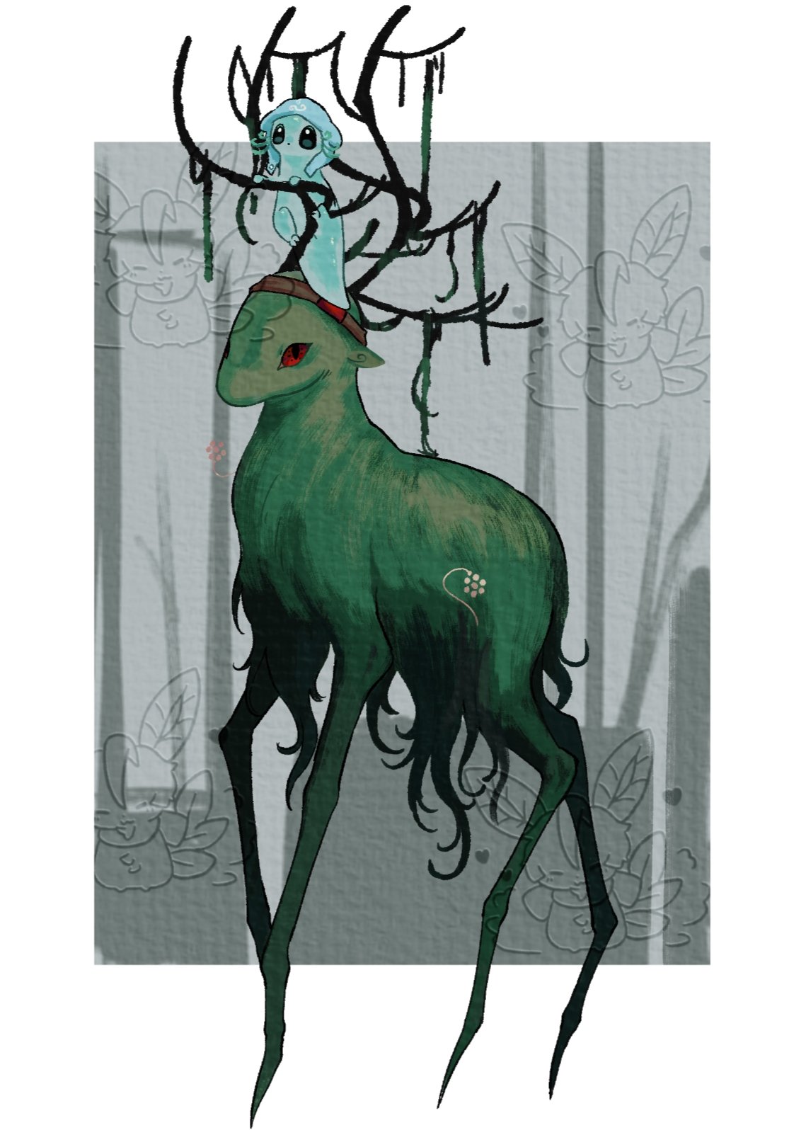animalization, antlers, baila_kuangzi, bare_tree, blue_hood, border, brown_headband, chinese_commentary