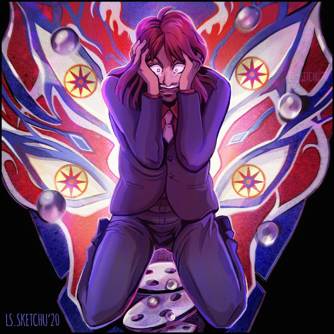 1boy, black_background, collared_shirt, commentary, constricted_pupils, english_commentary, full_body, hands_on_own_head