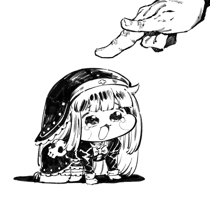 1girl, 1other, :3, all_fours, bacius, blunt_bangs, blush, bow