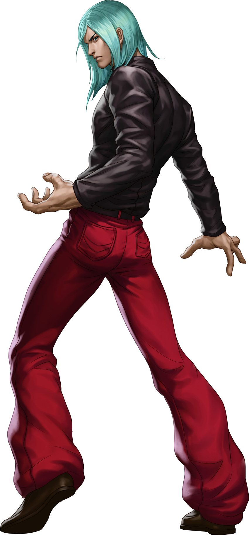 baggy_pants, capcom, green_hair, highres, male, official_art, remy, simple_background